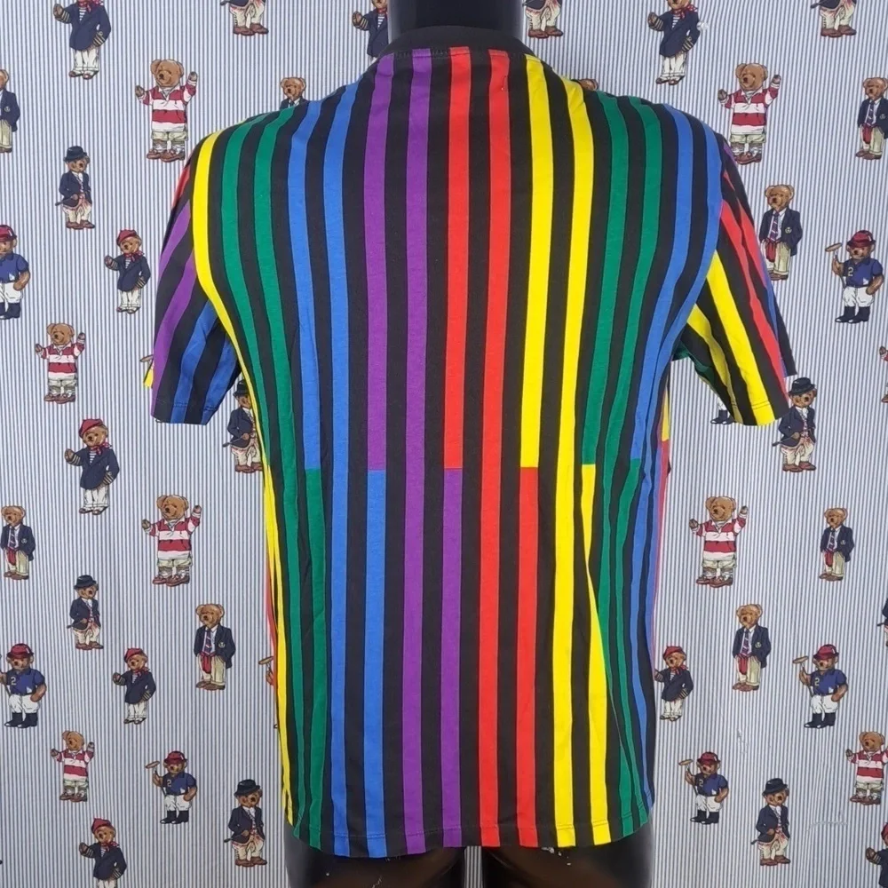 Guess Jeans embroidered spellout multicolor color stripes casual wear SM t-shirt - Picture 3 of 4